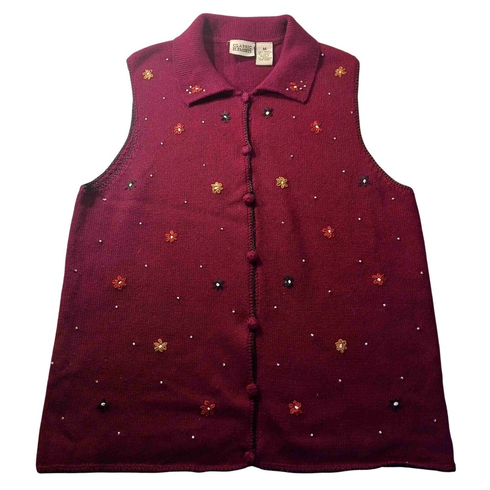 Classic Elements Sweater Vest M Burgundy Embroidered Beaded Knit Vintage‎ Style